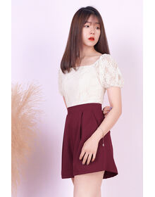 Fine Crochet Lace Puff Sleeve Pleated Playsuit (Off White + Maroon)